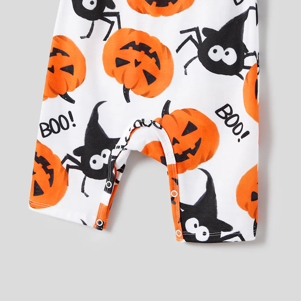 Halloween Family Matching Pumpkin Print Dresses and Short Sleeve Colorblock Tops Sets big image 6