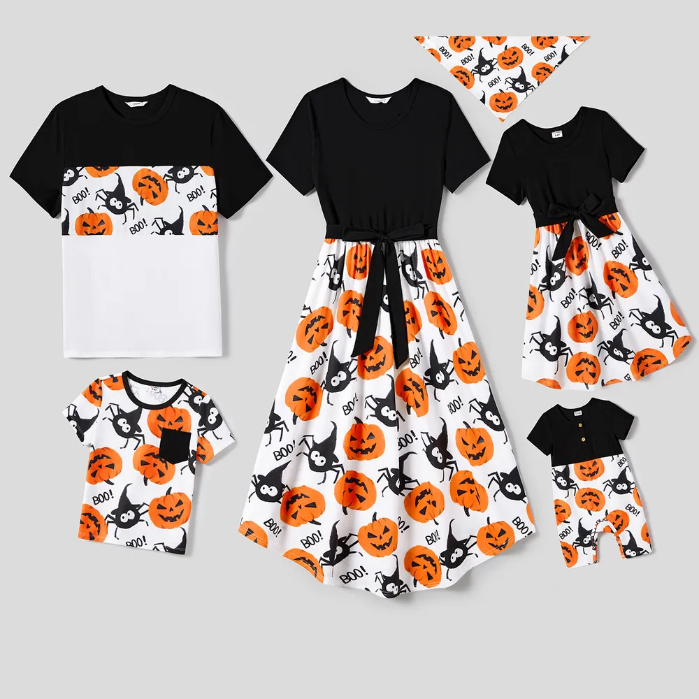 Halloween Family Matching Pumpkin Print Dresses and Short Sleeve Colorblock Tops Sets  big image 2