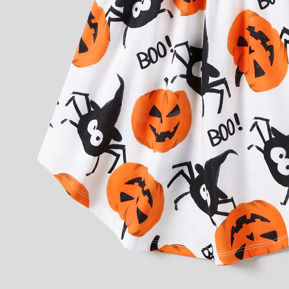 Halloween Family Matching Pumpkin Print Dresses and Short Sleeve Colorblock Tops Sets big image 15