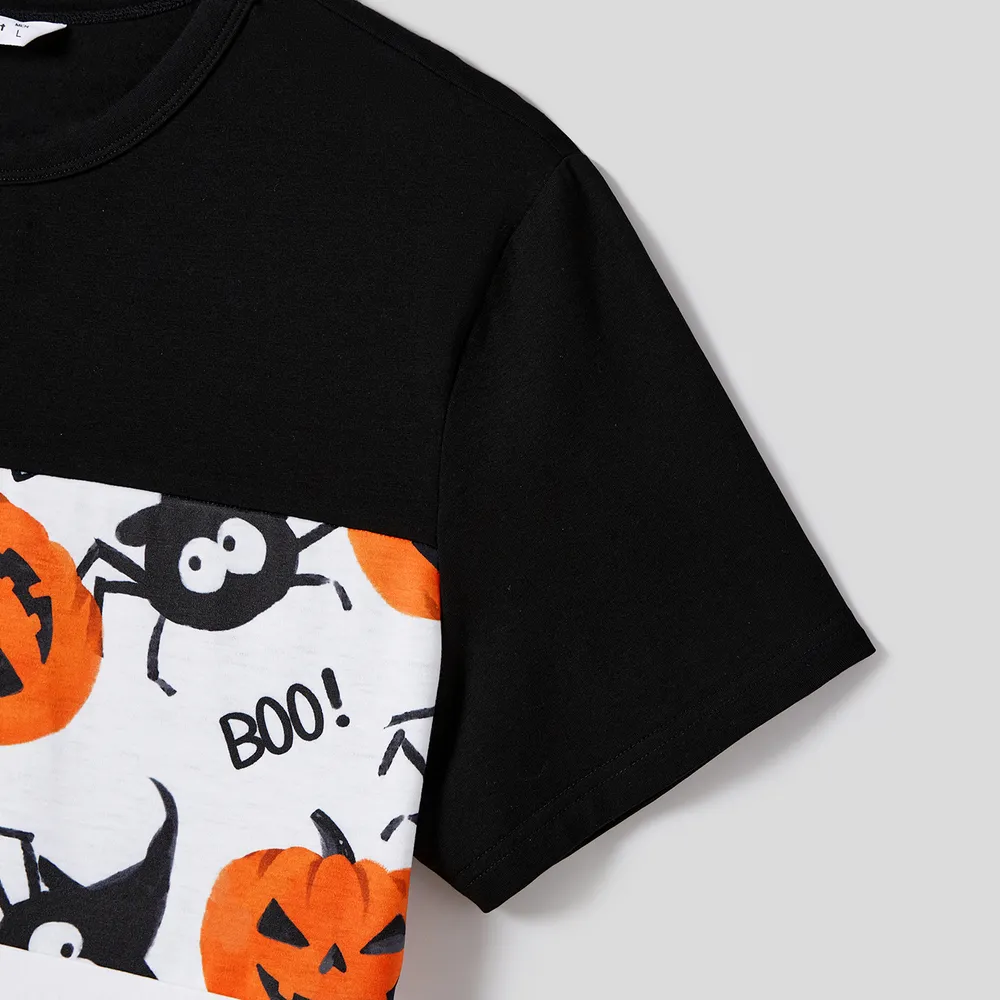 Halloween Family Matching Pumpkin Print Dresses and Short Sleeve Colorblock Tops Sets big image 21