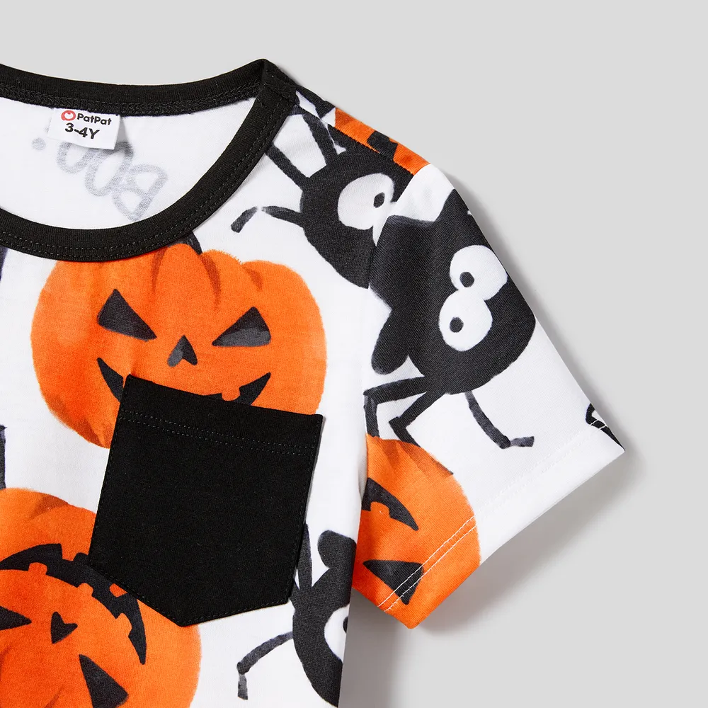 Halloween Family Matching Pumpkin Print Dresses and Short Sleeve Colorblock Tops Sets big image 10