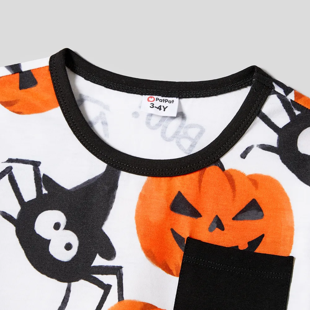 Halloween Family Matching Pumpkin Print Dresses and Short Sleeve Colorblock Tops Sets big image 9