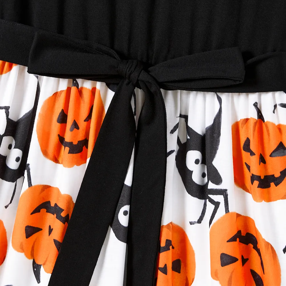 Halloween Family Matching Pumpkin Print Dresses and Short Sleeve Colorblock Tops Sets big image 19