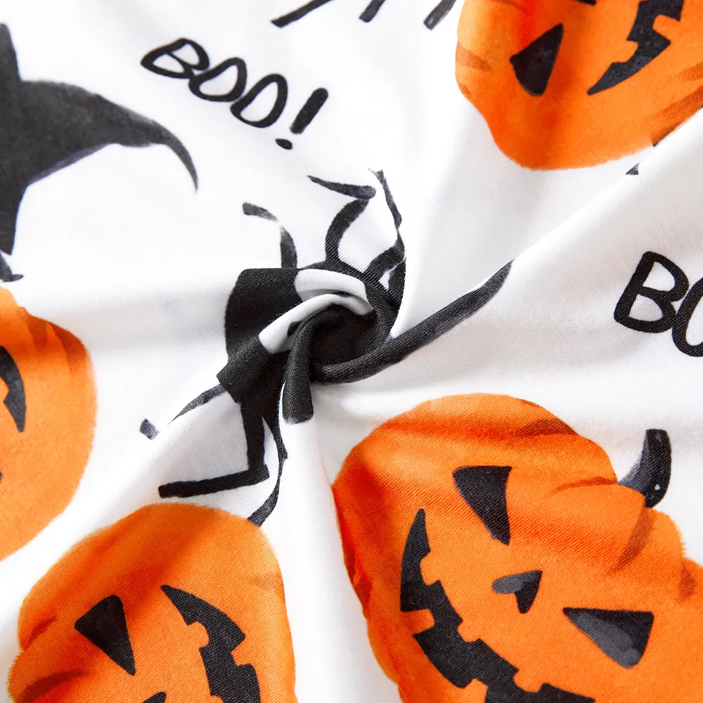 Halloween Family Matching Pumpkin Print Dresses and Short Sleeve Colorblock Tops Sets  big image 7