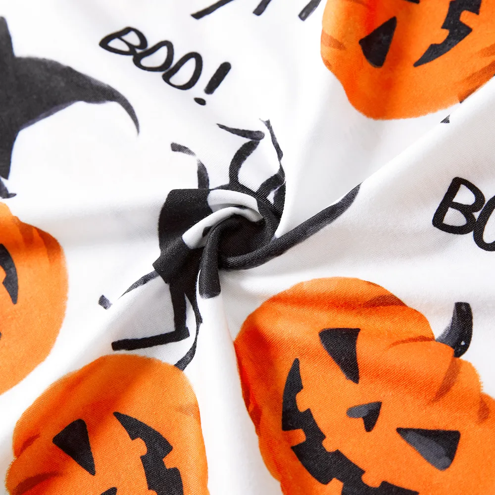 Halloween Family Matching Pumpkin Print Dresses and Short Sleeve Colorblock Tops Sets big image 7
