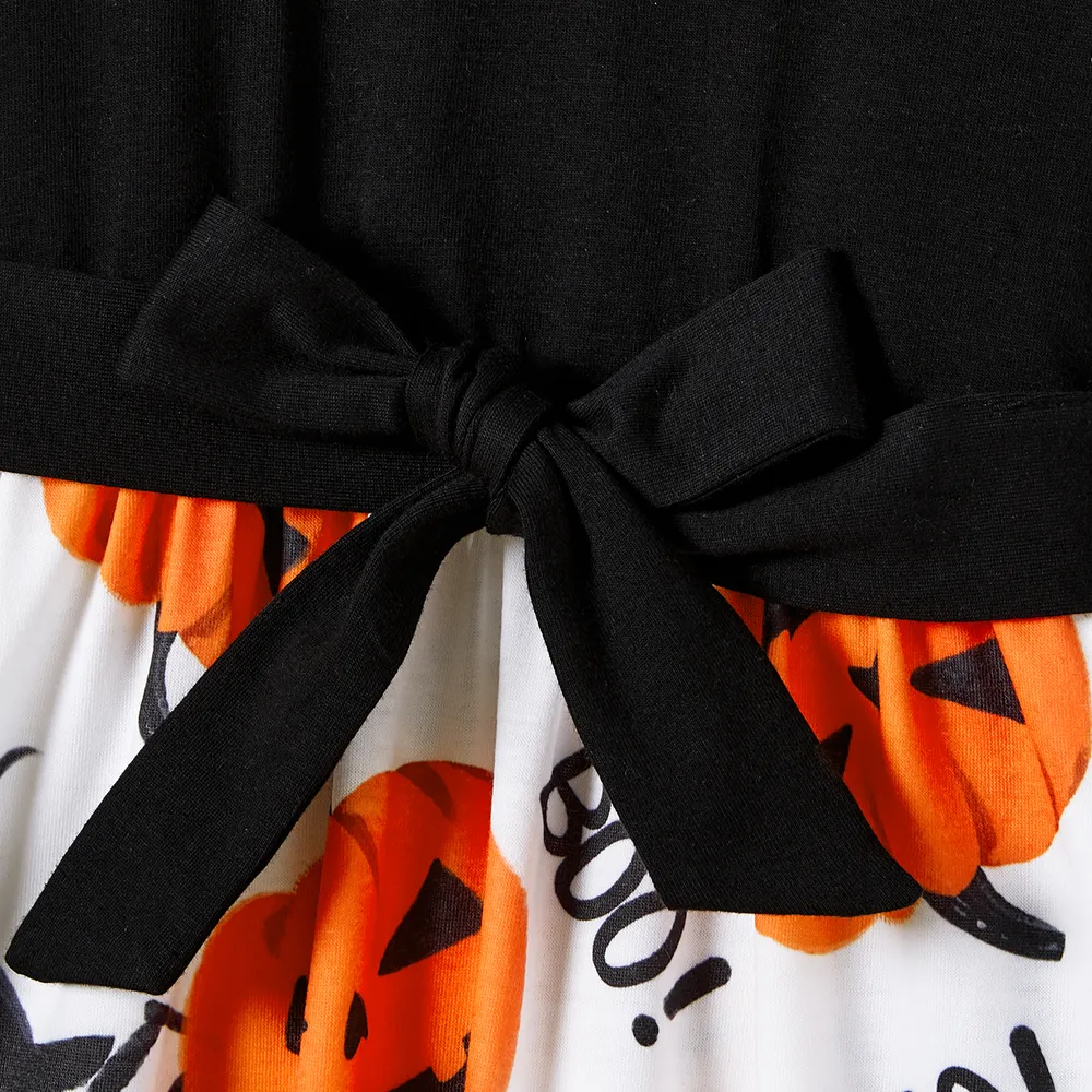 Halloween Family Matching Pumpkin Print Dresses and Short Sleeve Colorblock Tops Sets big image 14