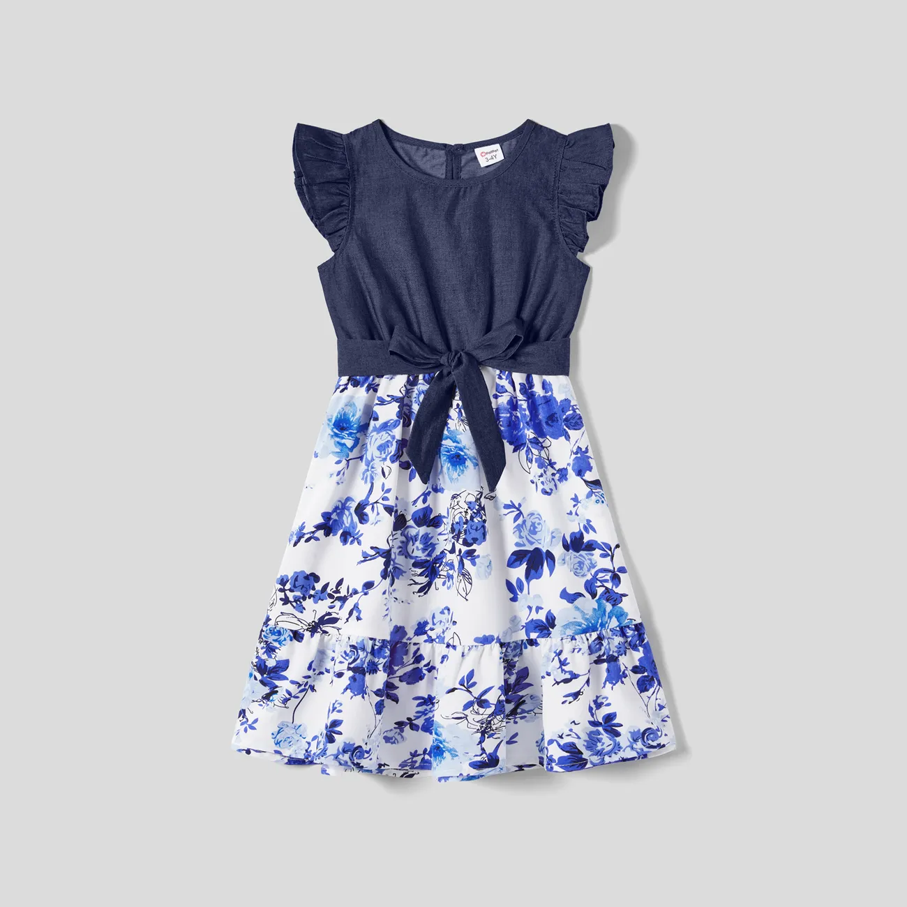 Family Matching Allover Floral Print Belted Short-sleeve Dresses and Shirts Sets Blue big image 1