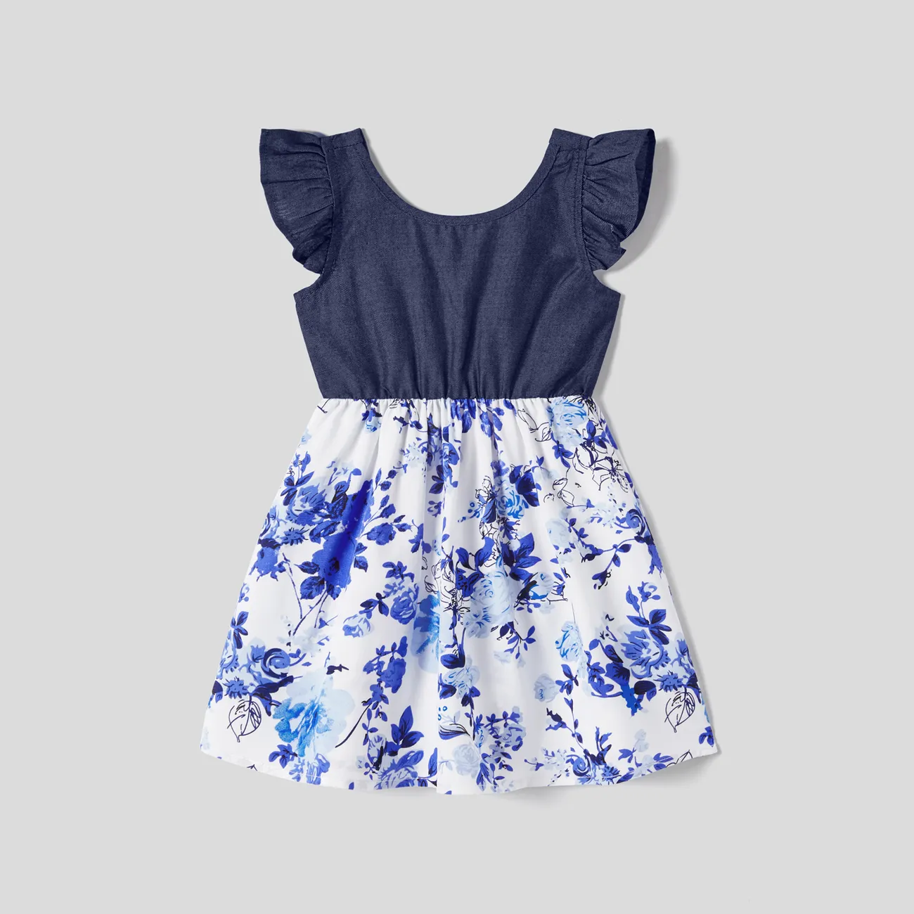 Family Matching Allover Floral Print Belted Short-sleeve Dresses and Shirts Sets Blue big image 1