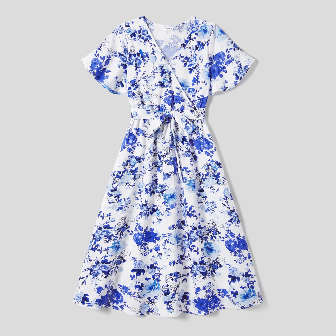 Family Matching Allover Floral Print Belted Short-sleeve Dresses and Shirts Sets Blue big image 1