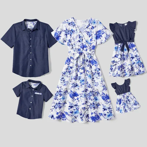 Family Matching Allover Floral Print Belted Short-sleeve Dresses and Shirts Sets
