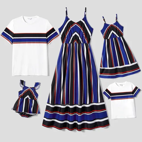 Family Matching Geometry Print Slip Dresses and Short-sleeve Striped T-shirts Sets