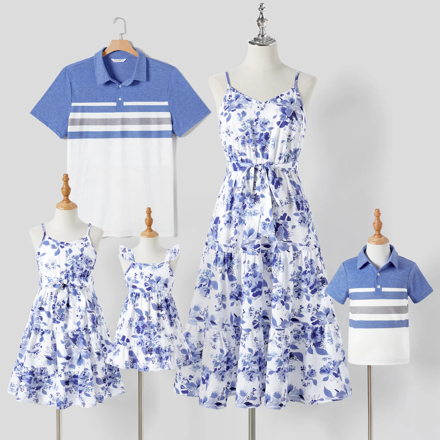 Family Matching All Over Blue Floral Print Tie Shoulder Cami Dresses and Short-sleeve Striped T-shirts Sets