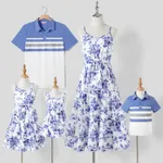 Family Matching Allover Floral Print Belted Cami Dresses and Colorblock Striped Polo Neck T-shirts Sets  image 2