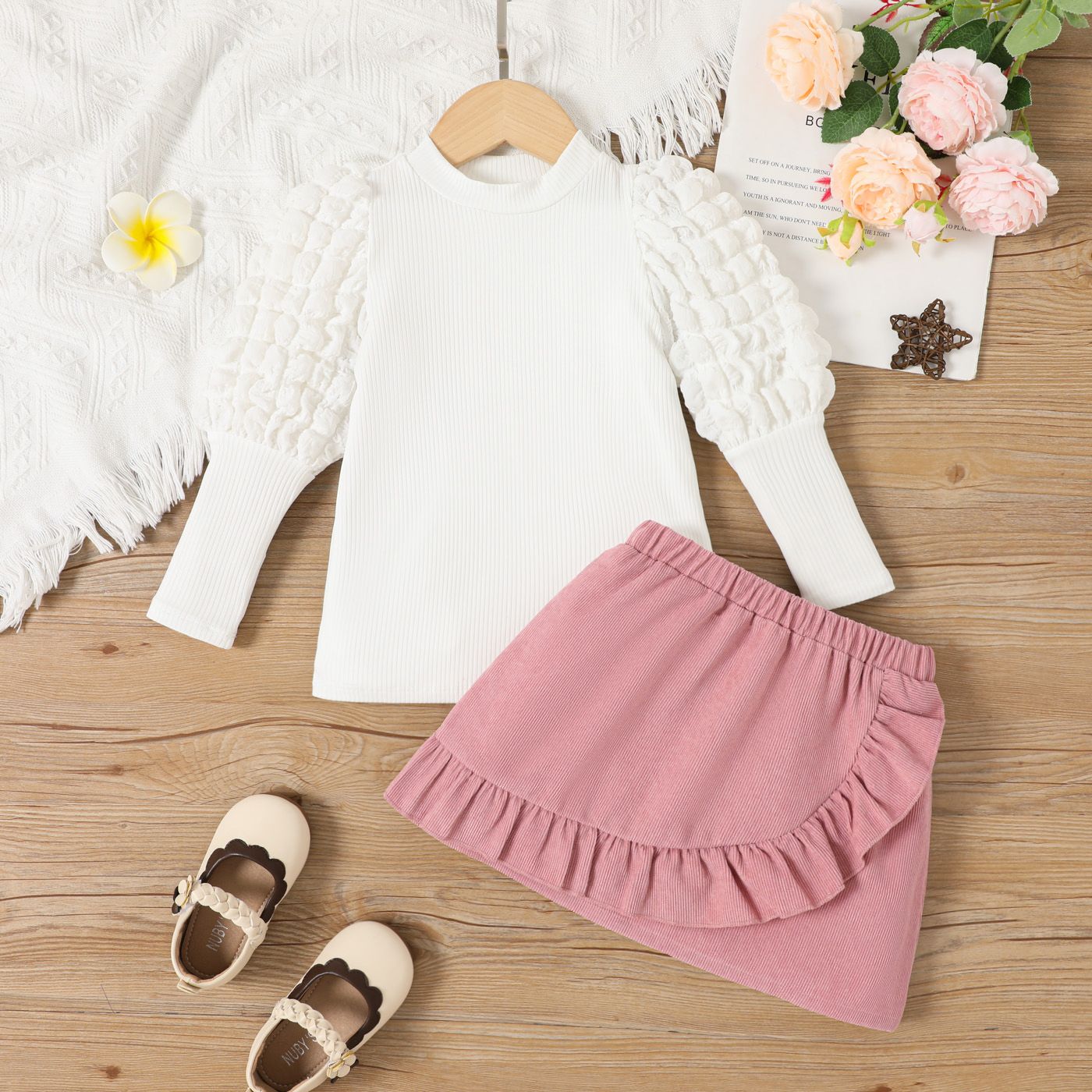 

2pcs Toddler Ruffle Edge Puff Long-Sleeve Girl Suit-Dress