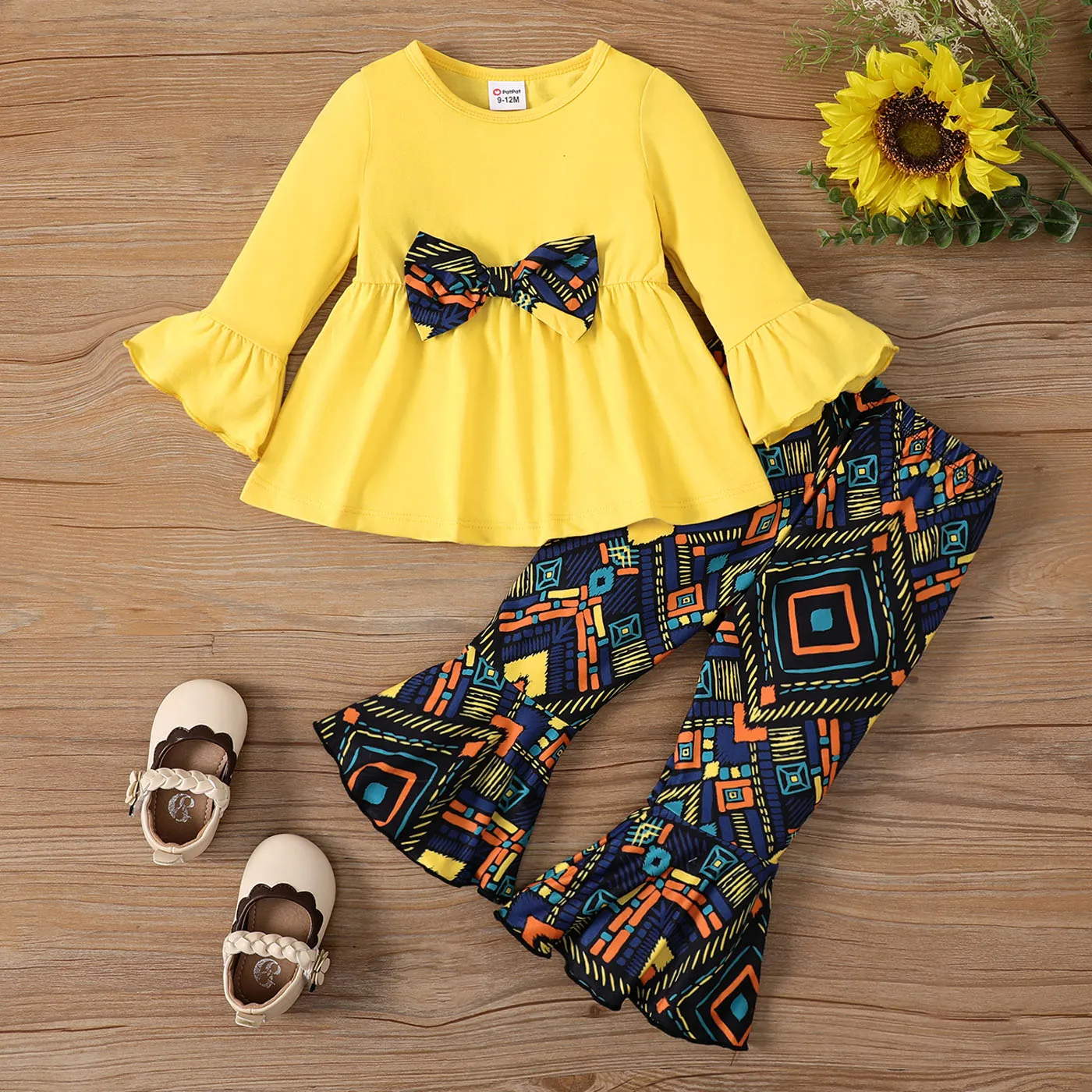 2 unidades Bebé Menina Extremidades franzidas Boémio Manga comprida Conjunto para bebé Amarelo big image 1
