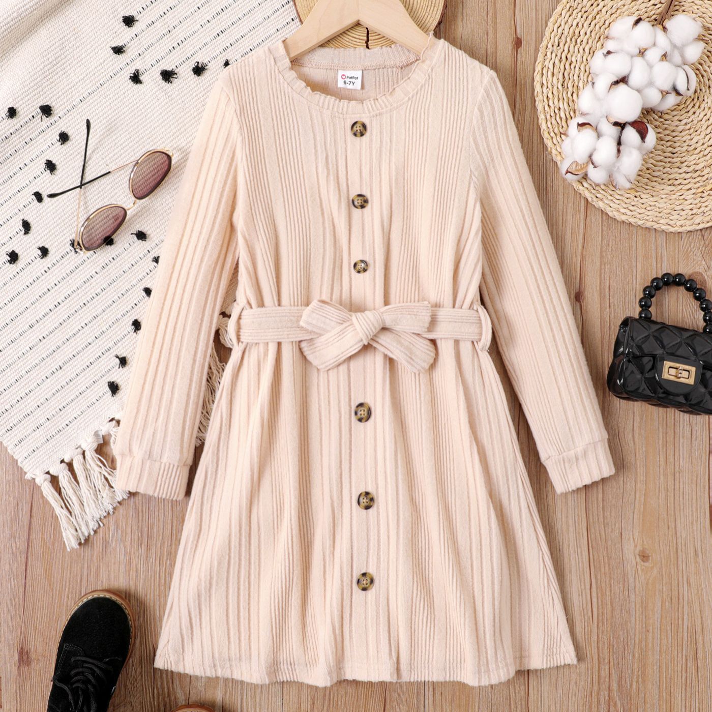 Kid Girl Button Up  Long-sleeve Belted Knit Dress