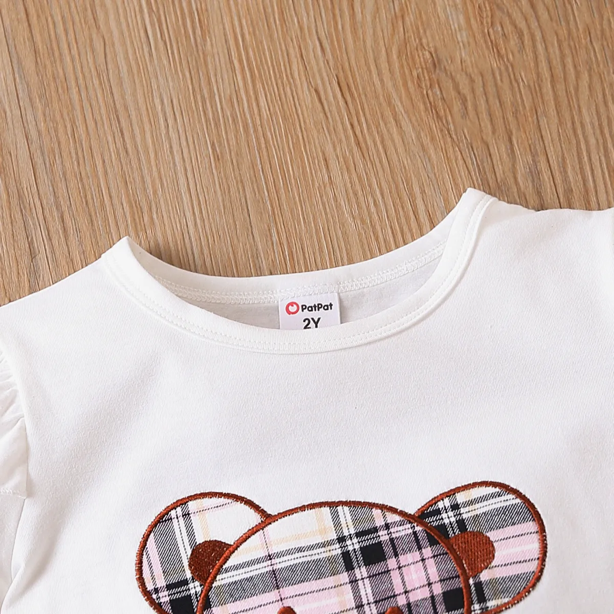 2pcs Toddler Girl Bear Embroidery Ruffle Short-sleeve Tee and 100% Cotton Plaid Flared Pants Set White big image 1