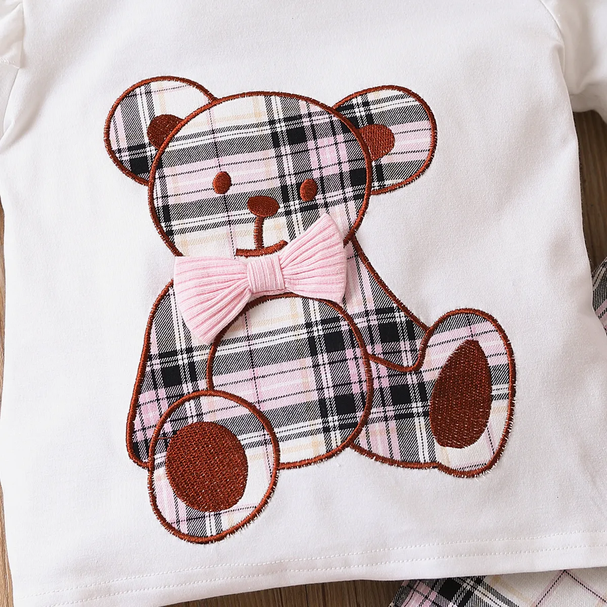 2pcs Toddler Girl Bear Embroidery Ruffle Short-sleeve Tee and 100% Cotton Plaid Flared Pants Set White big image 1