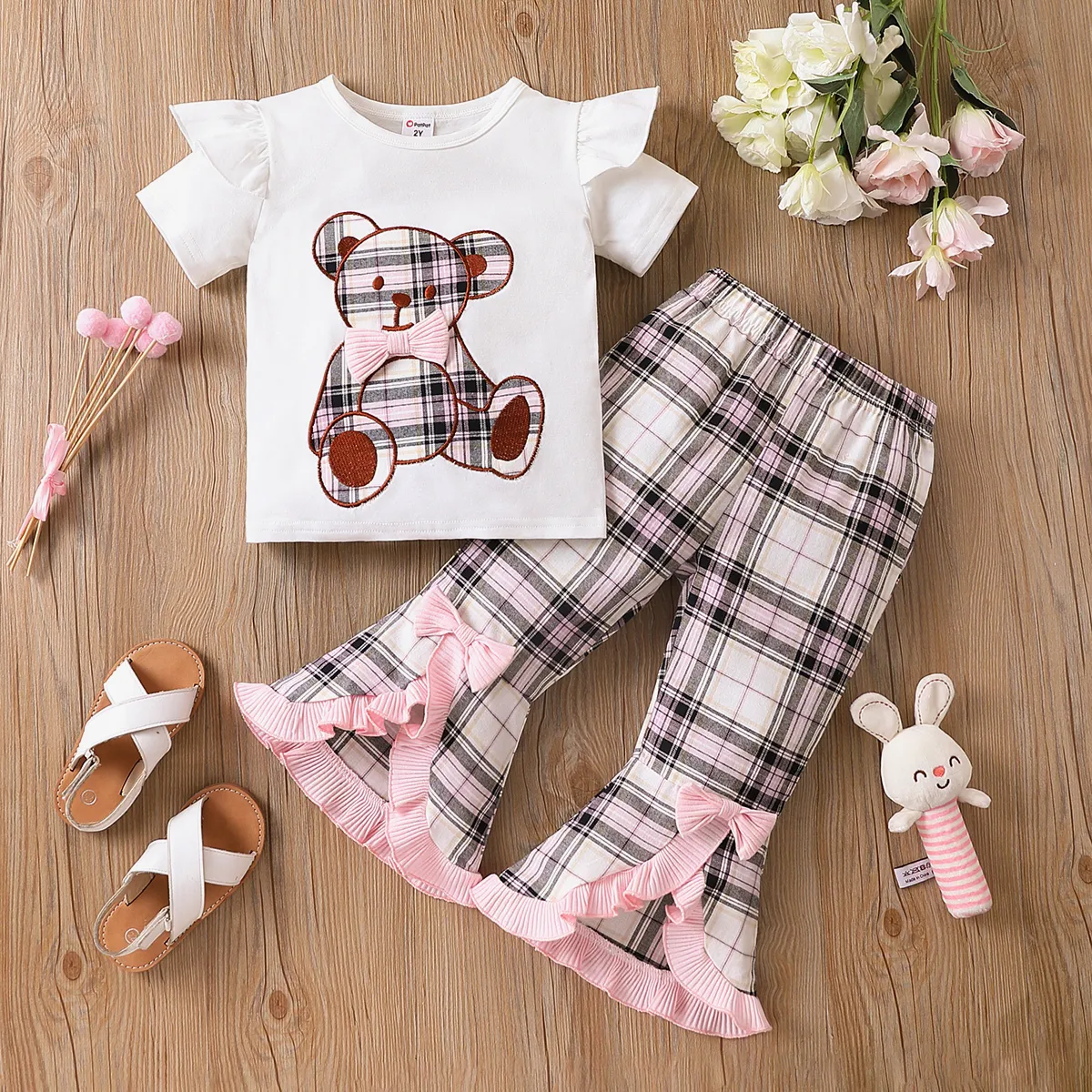 2pcs Toddler Girl Bear Brodery Ruffle Tee à Manches Courtes Et 100% Cotton Plaid Flared Pants Set