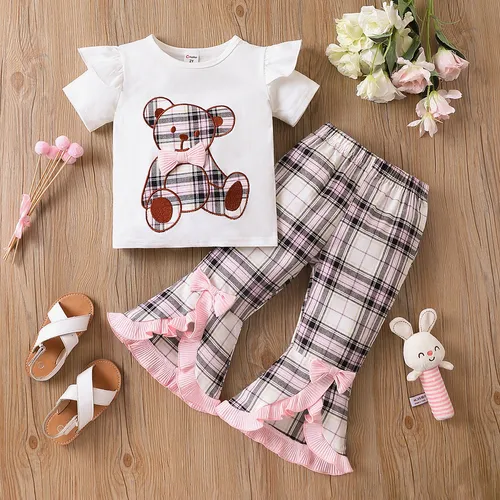 2 pezzi Bambino piccolo Ragazza Orlo a lattuga Infantile Orso set di t-shirt