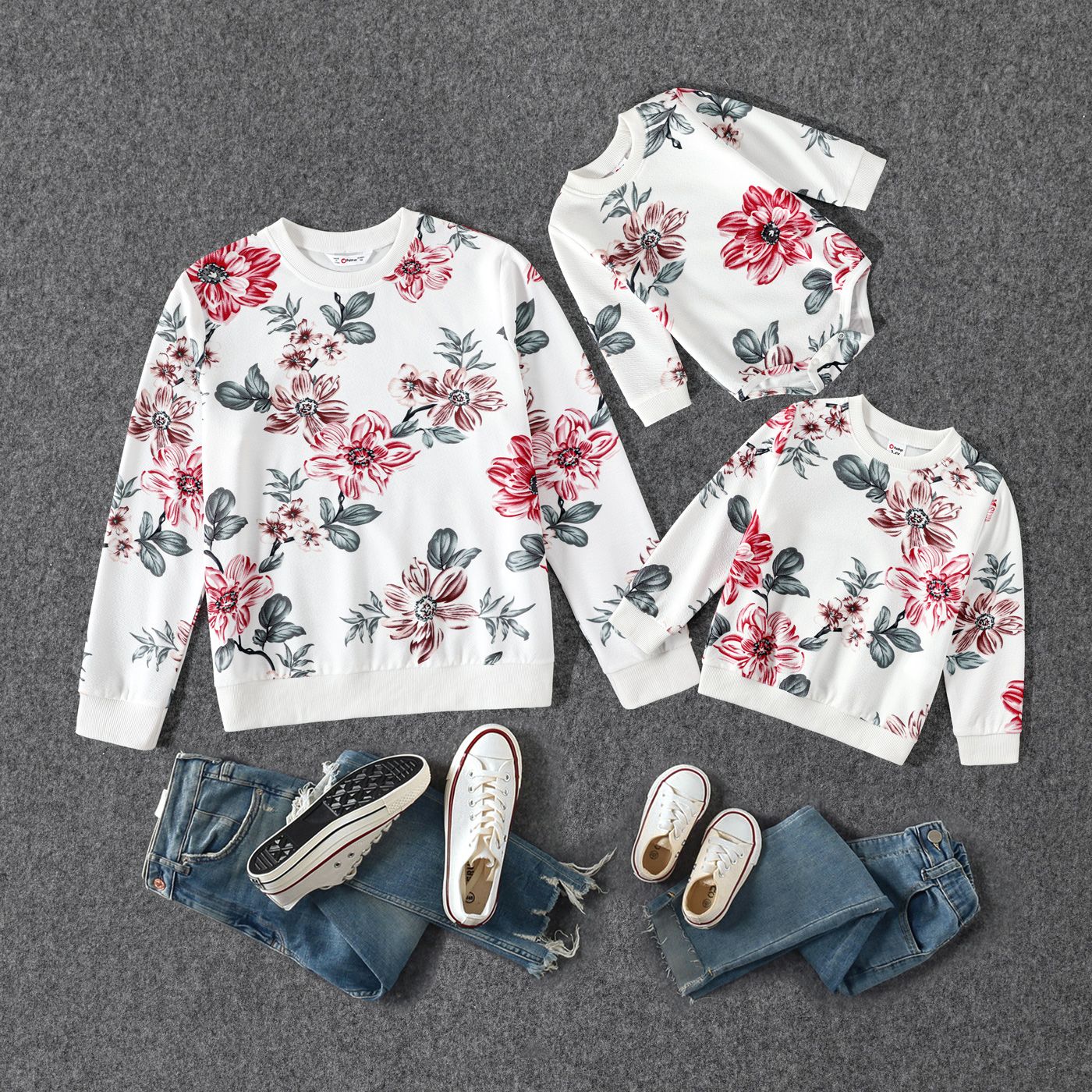

Floral Print Crewneck Drop Shoulder Lace Long-sleeve Tops for Mom and Me