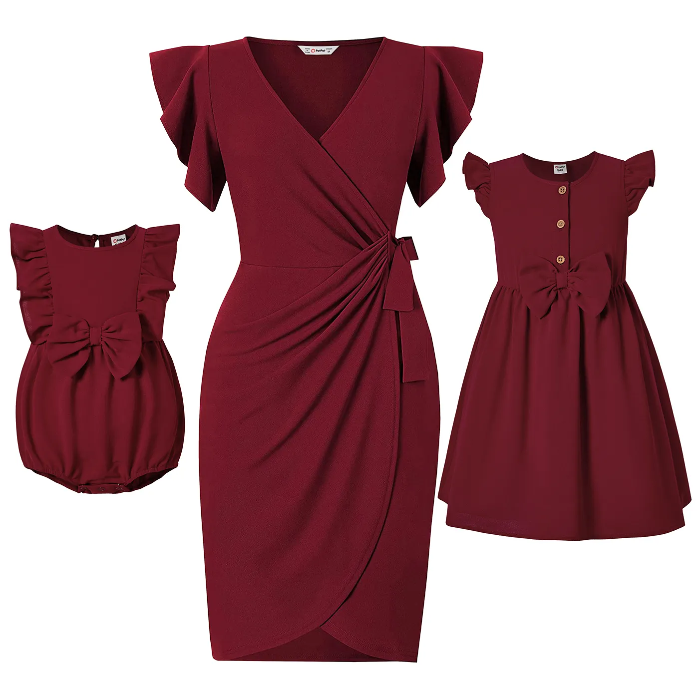 Mommy and Me Bow Decor / Wrap Knot Side Flutter-sleeve Dresses