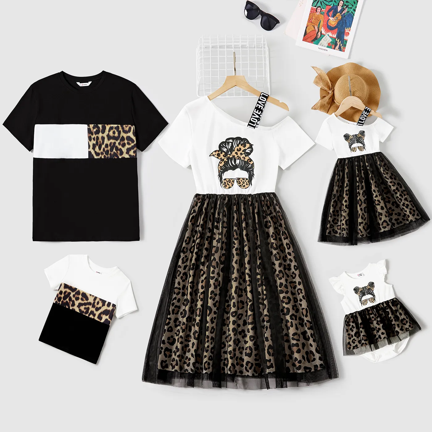 Family Matching Figure Print Leopard Panel Mesh Overlay One-Shoulder Dresses And Colorblock Short-sleeve T-shirts Sets