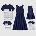 Family Matching Button Decor Tank Dresses and Striped T-shirts Sets  image 2