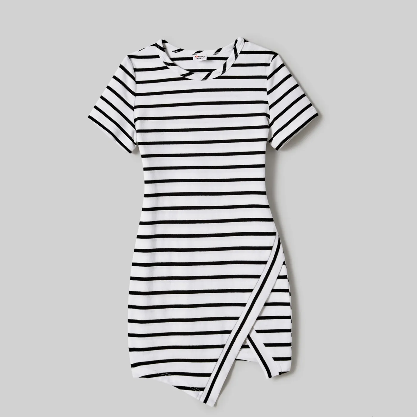 

Family Matching 95% Cotton Stripe Asymmetrical Hem Short-sleeve Dresses and Stripe Panel T-shirts Sets