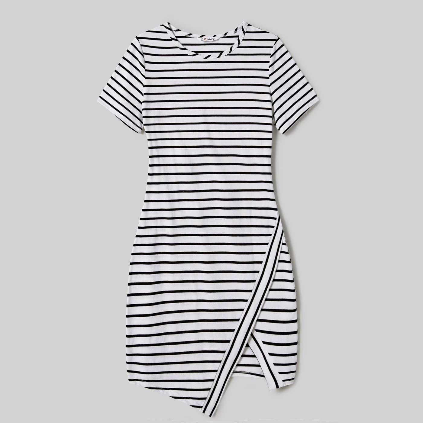 Family Matching 95% Cotton Stripe Asymmetrical Hem Short-sleeve Dresses and Stripe Panel T-shirts Se