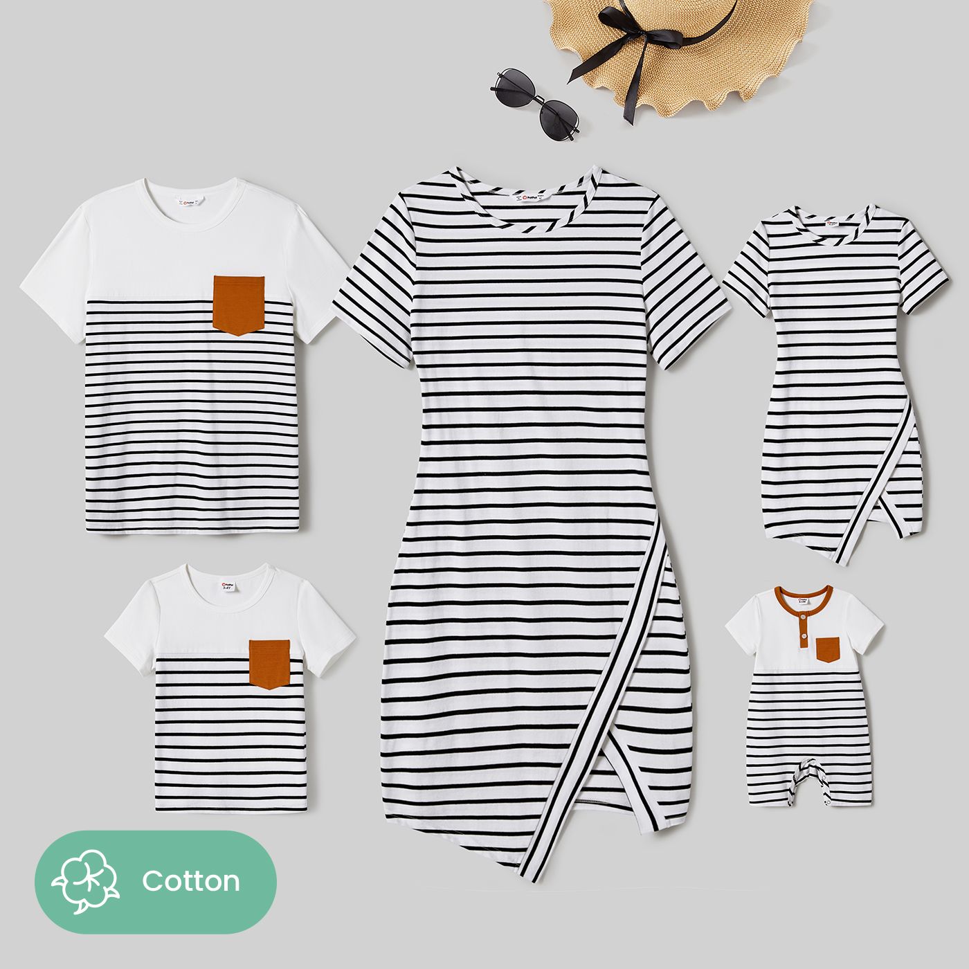 Famille Assortie 95% Cotton Stripe Asymétrique Ourlet Robes à Manches Courtes Et Stripe Panel T-shirts Ensembles