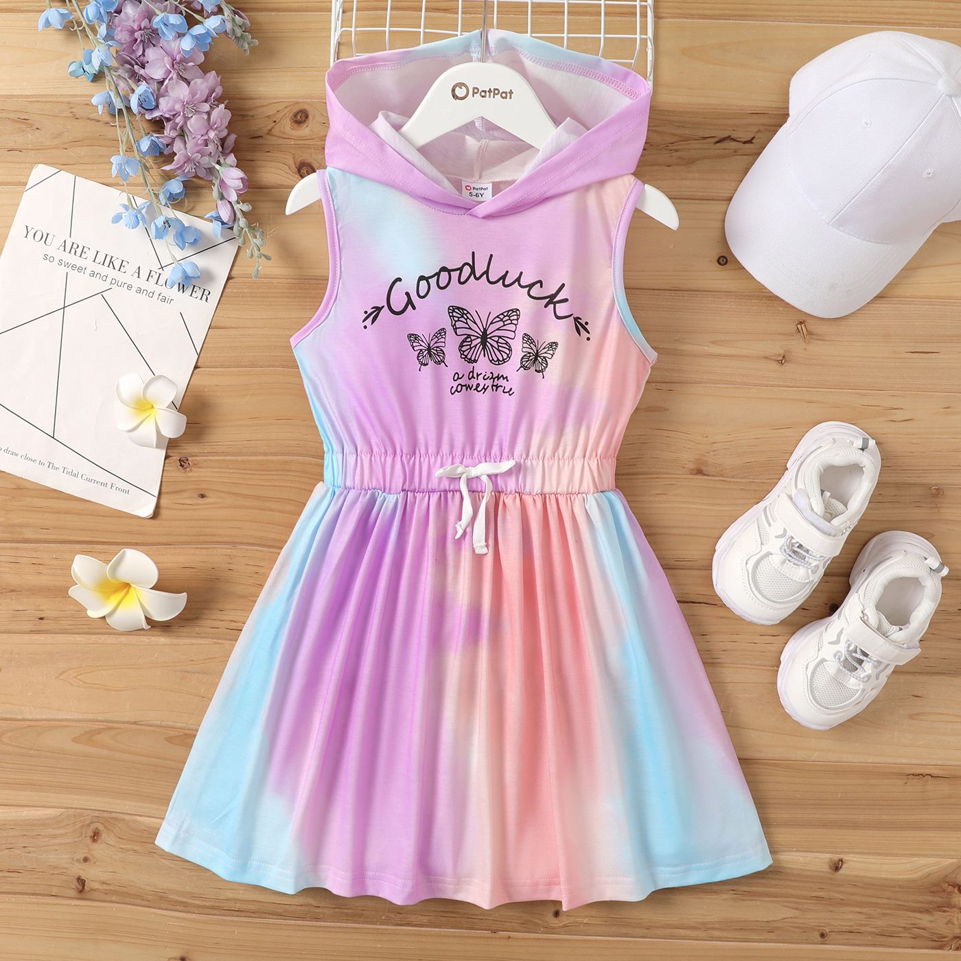

Kid Girl Butterfly & Letter Print Tie Dye Hooded Tank Dress