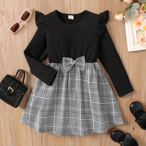 Toddler Girl Bow Front Houndstooth Panel Ruffled Long-sleeve Rib-knit Dress 