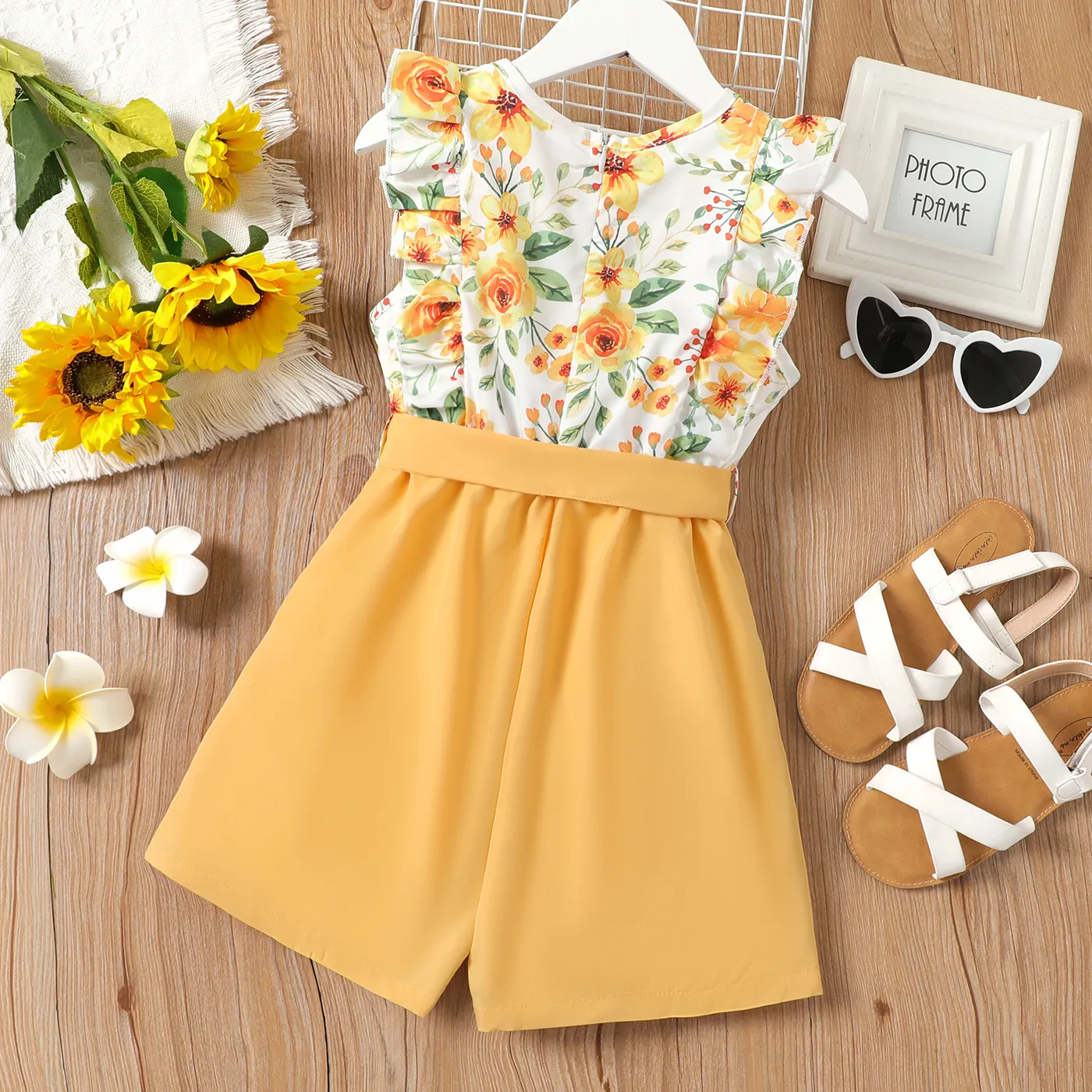 Kid Girl Floral Print Belted Combo Romper  Pale Yellow image 2