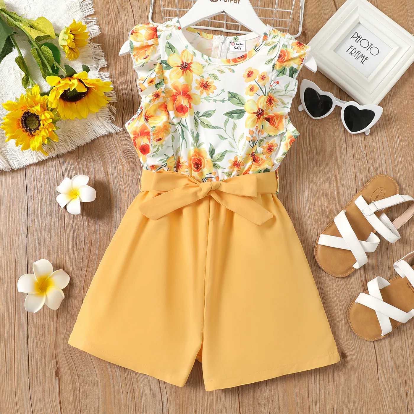 Kid Girl Floral Print Belted Combo Romper  Pale Yellow big image 1