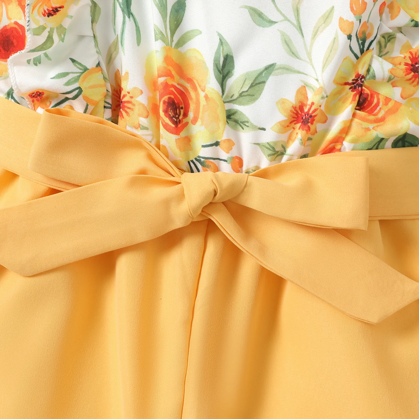 Kid Girl Floral Print Belted Combo Romper  Pale Yellow image 5
