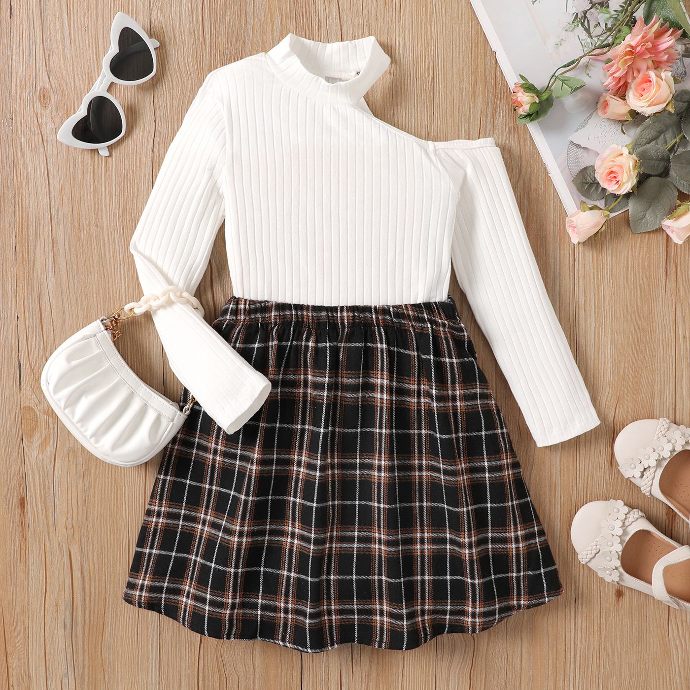 

2pcs Kid Girl Ribbed Long-sleeve One-Shoulder Top and Plaid Skirt Set
