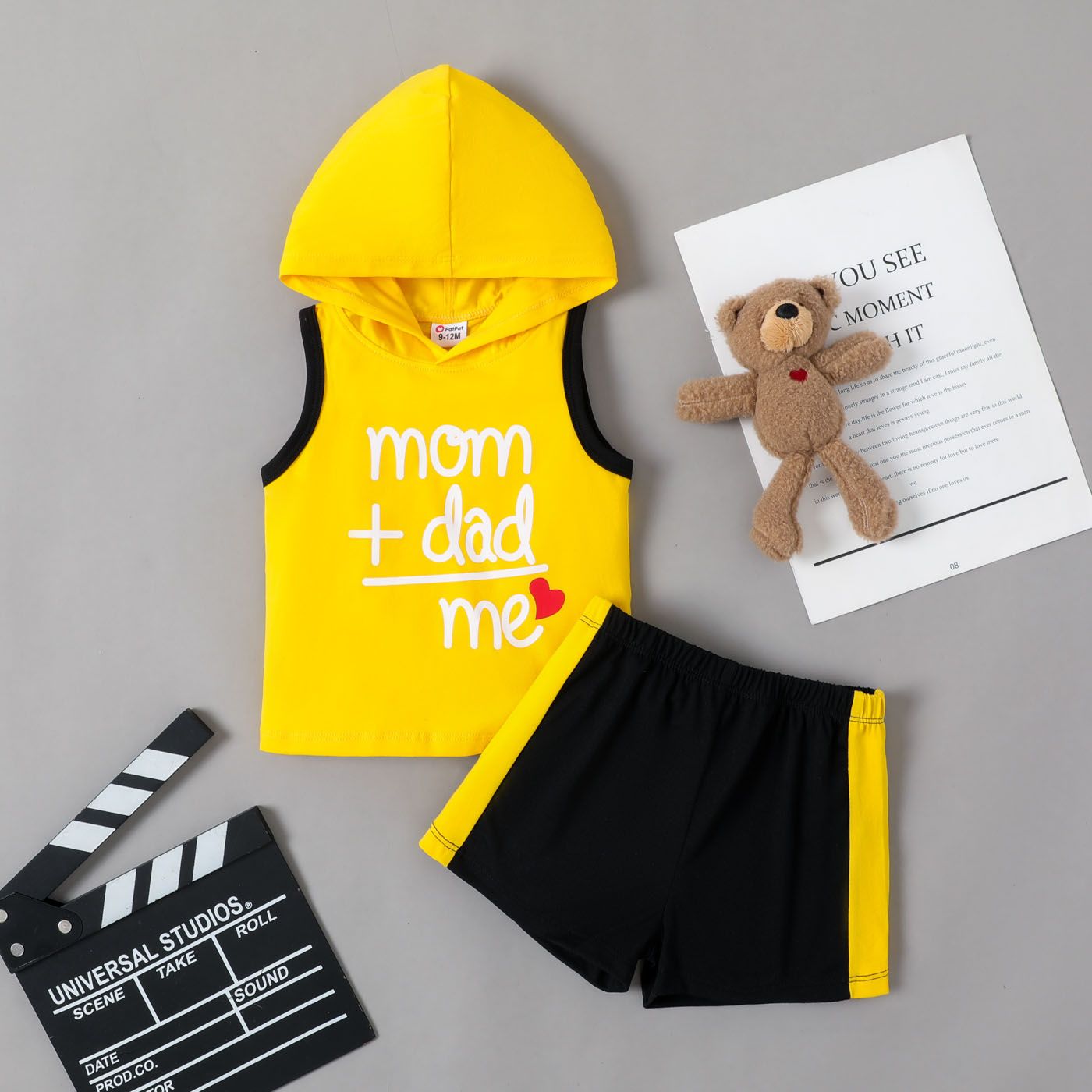

2pcs Baby Boy Letter Print Hooded Tank Top and Colorblock Shorts Set