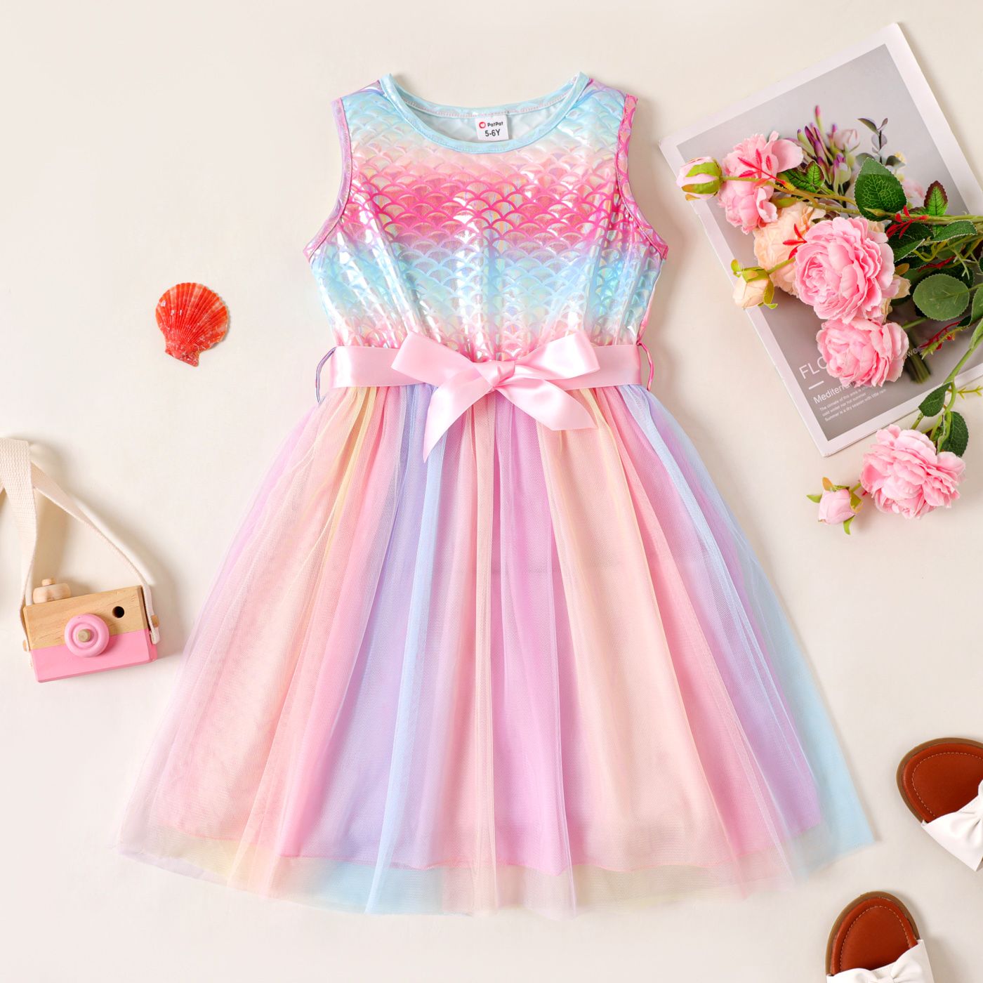 

Kid Girl Mermaid Pattern Belted Mesh Panel Tank Fairy Dress