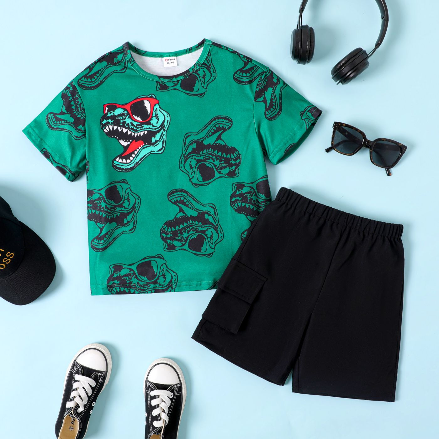 2pcs Kid Boy Allover Dinosaur Print Short-sleeve Tee And Cargo Shorts Set