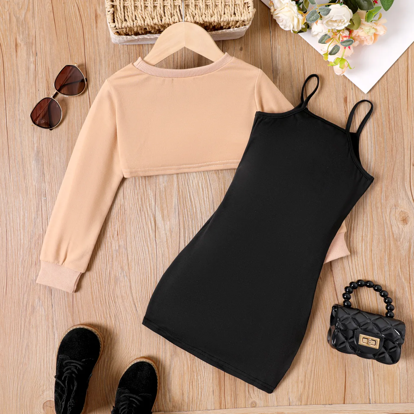 2pcs Kid Girl Long-sleeve High Low Top and Bear Print Slip Dress Set  Khaki image 5