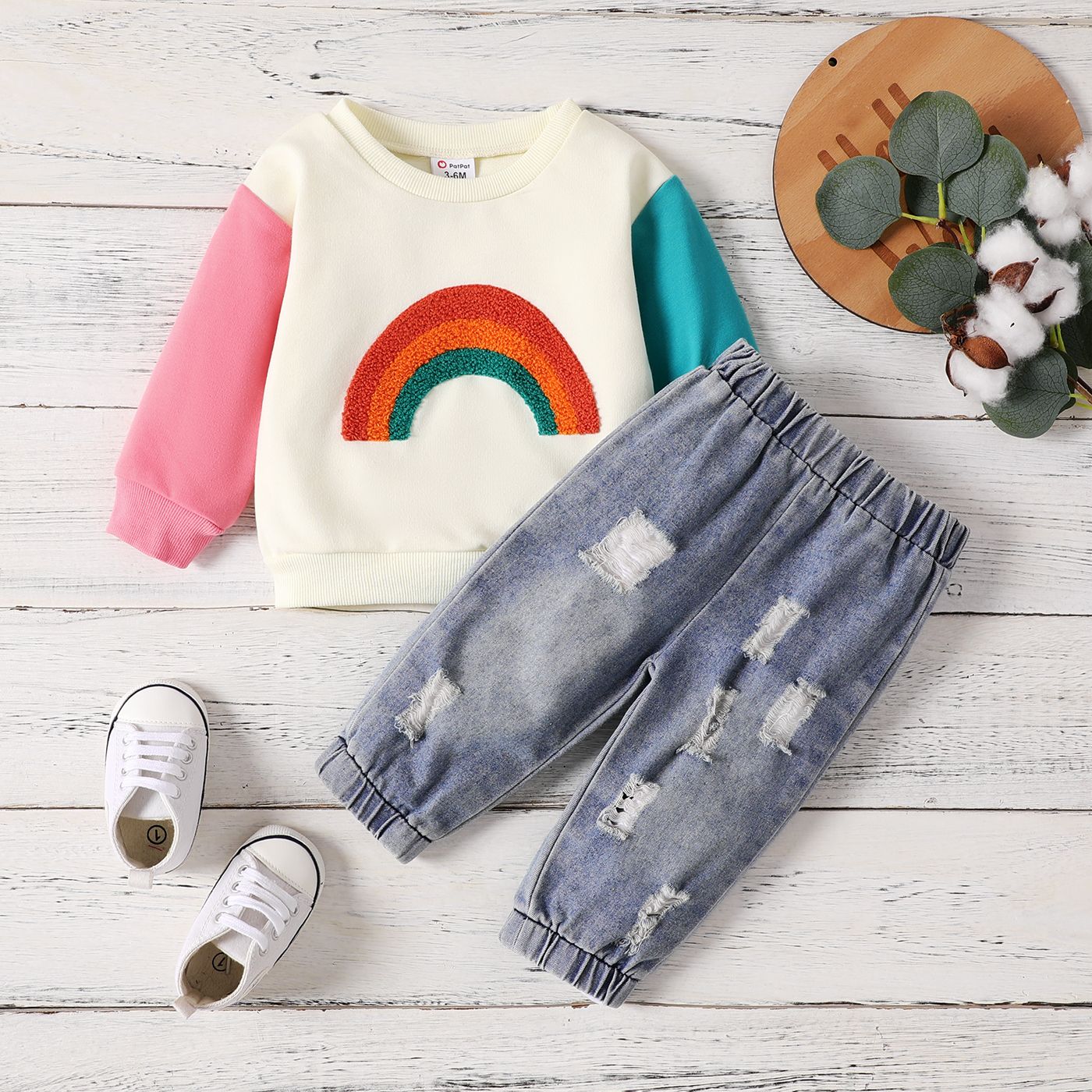 2pcs Baby Boy/Girl Rainbow Embroidery Long-sleeve Top And 100% Cotton Ripped Denim  Jeans Set