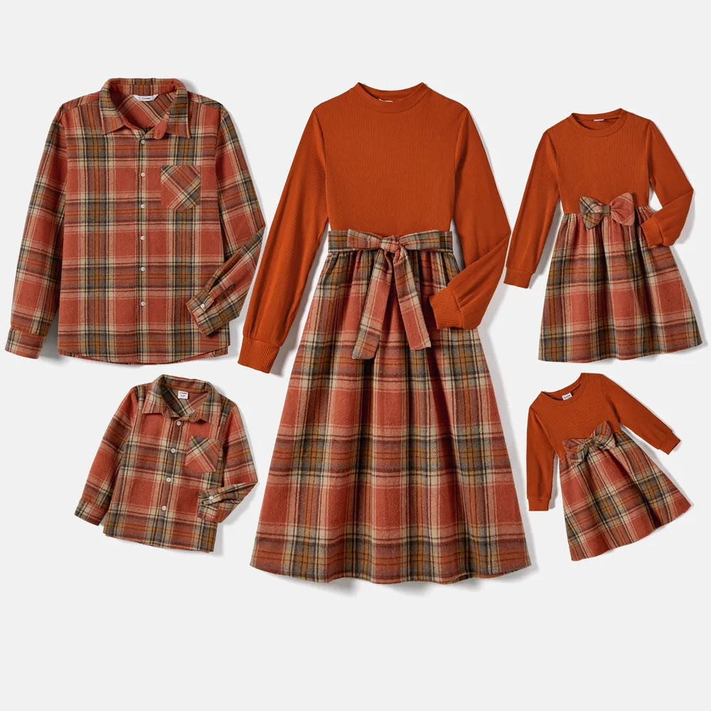 Family Matching Ribbed Spliced Plaid Belted Dresses and Polo Shirts Sets  big image 1
