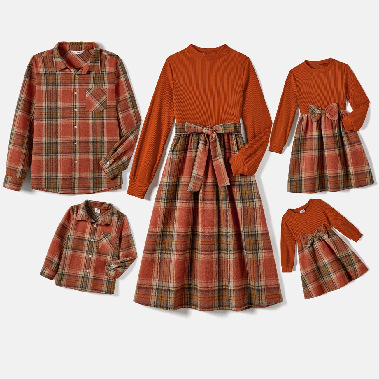 Family Matching Ribbed Spliced Plaid Belted Dresses and Polo Shirts Sets MultiColour big image 1