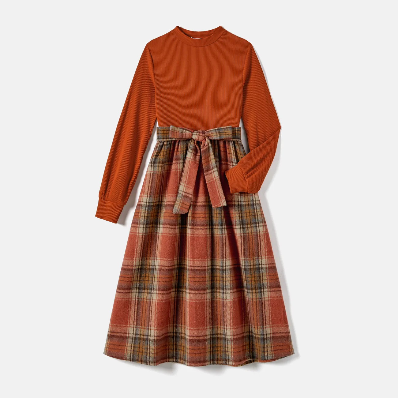 Family Matching Ribbed Spliced Plaid Belted Dresses and Polo Shirts Sets MultiColour big image 1