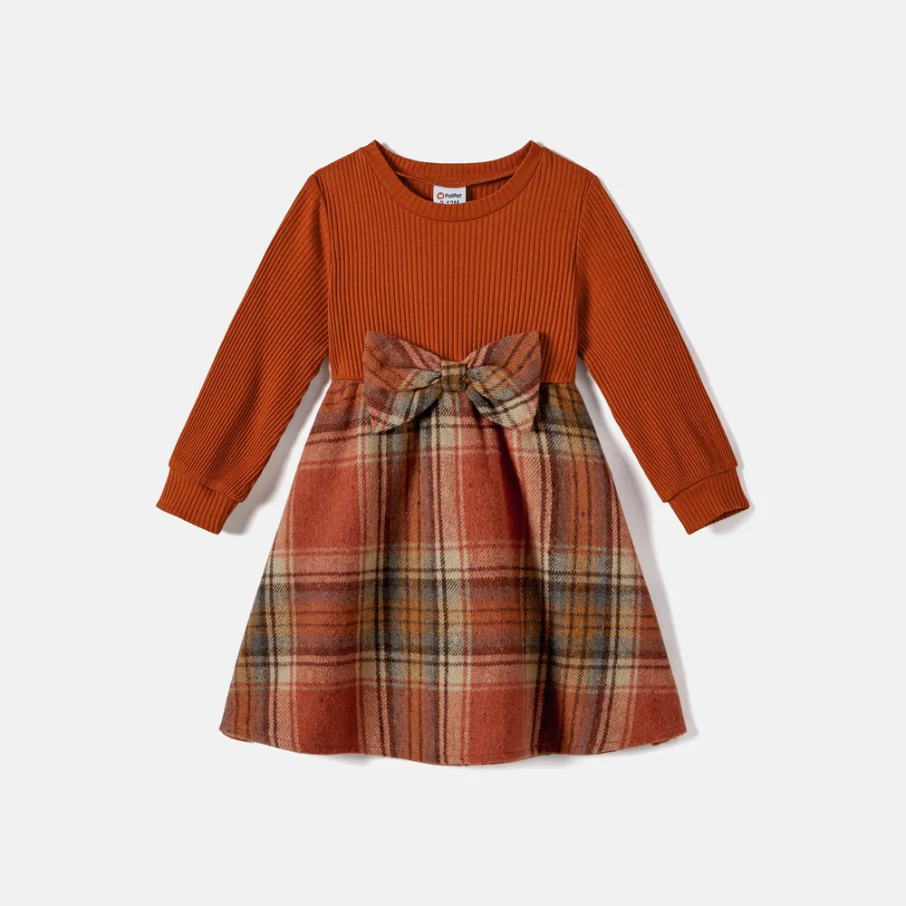 Family Matching Ribbed Spliced Plaid Belted Dresses and Polo Shirts Sets big image 2
