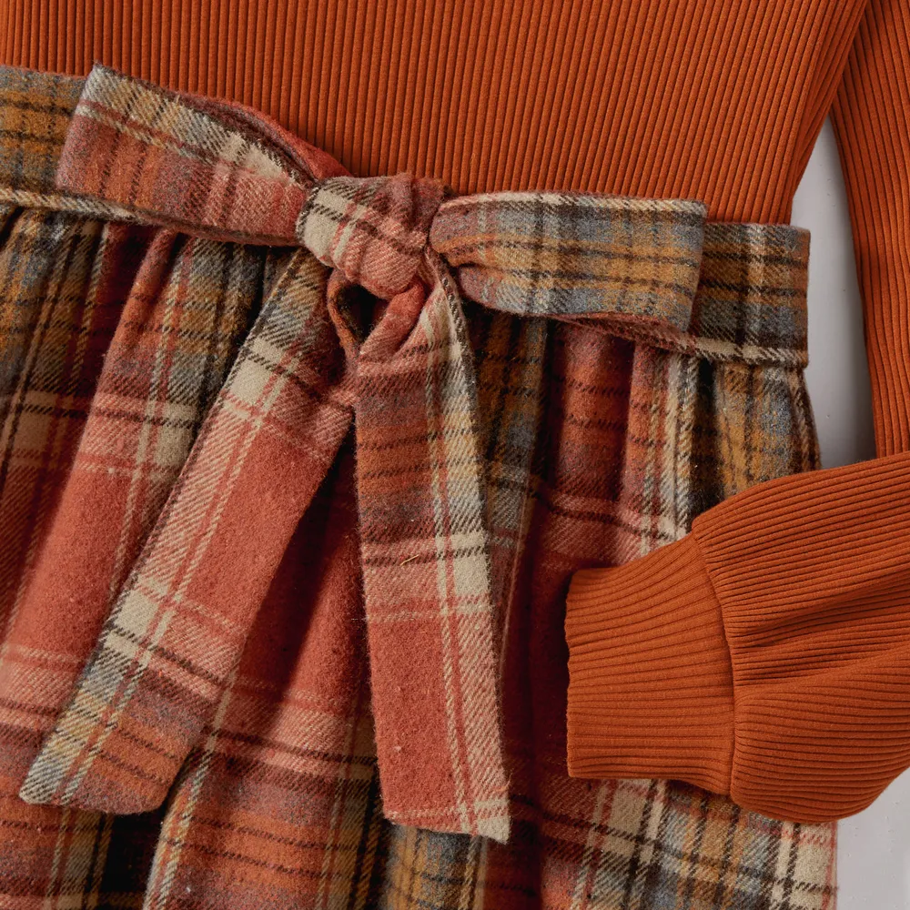 Family Matching Ribbed Spliced Plaid Belted Dresses and Polo Shirts Sets big image 16