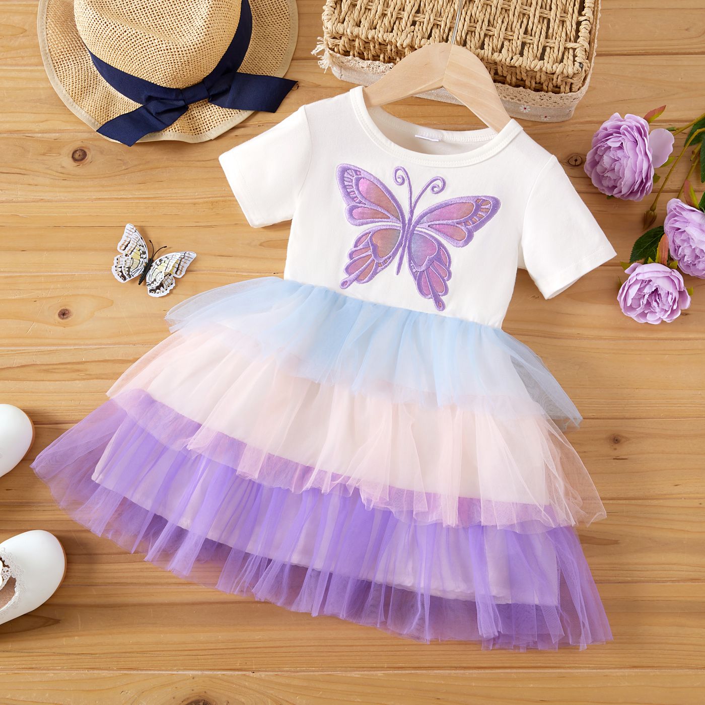 

Toddler Girl 95% Cotton Butterfly Embroidery Colorful Short-sleeve Dress