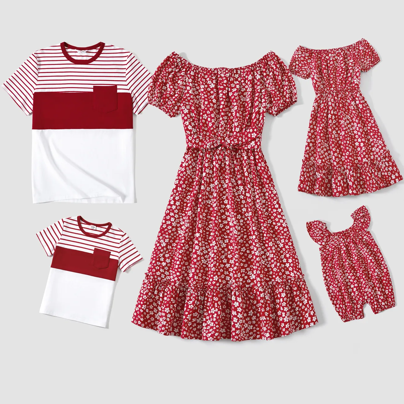 Family Matching Short-sleeve Stripe Print Color-block T-shirts and Floral Print Belted Dresses Sets  big image 1