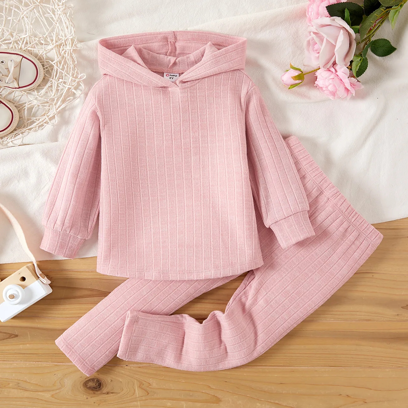 2pcs Toddler Girl Pink Rib-knit Hoodie and Pants Set  Pink big image 1